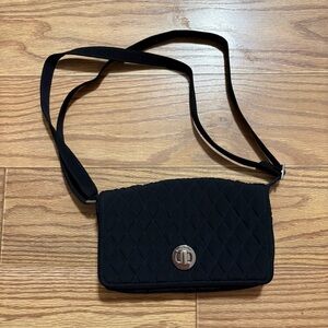 Vera Bradley Microfiber Turnlock Black Purse Bag Rose EUC